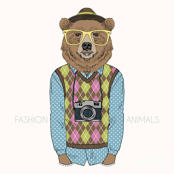 Sketchy Art Print featuring the digital art Fashion Illustration Of Bear Hipster by Olga angelloz
