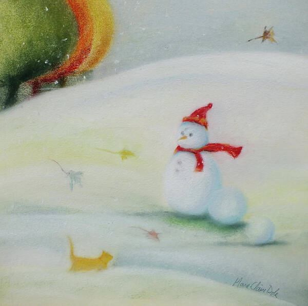 Snowman Art Print featuring the pastel First Wintry Day by Marie-Claire Dole