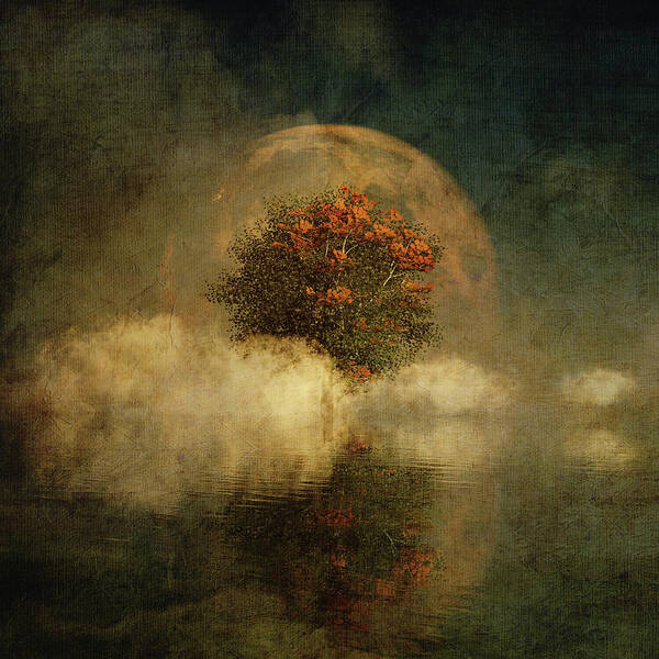 Autumn Art Print featuring the digital art Full moon over misty water by Jan Keteleer