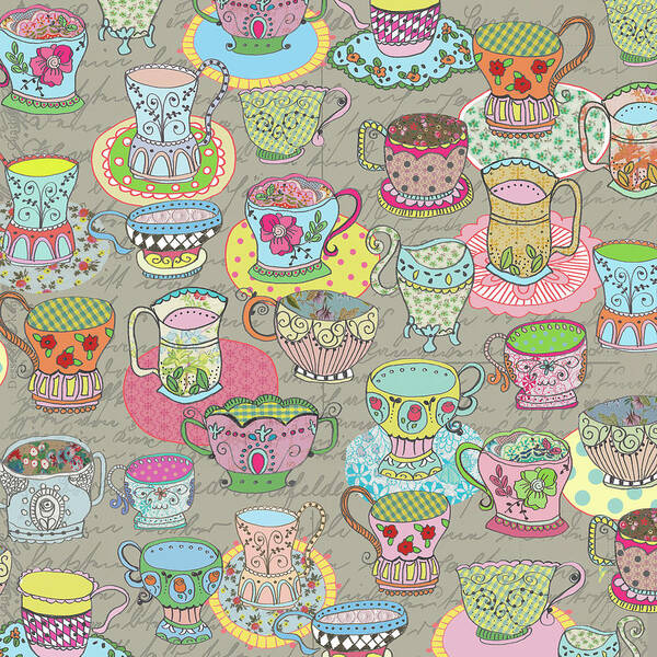 Garden Party Tea Cups Pattern Art Print featuring the digital art Garden Party Tea Cups Pattern by Gal Designs