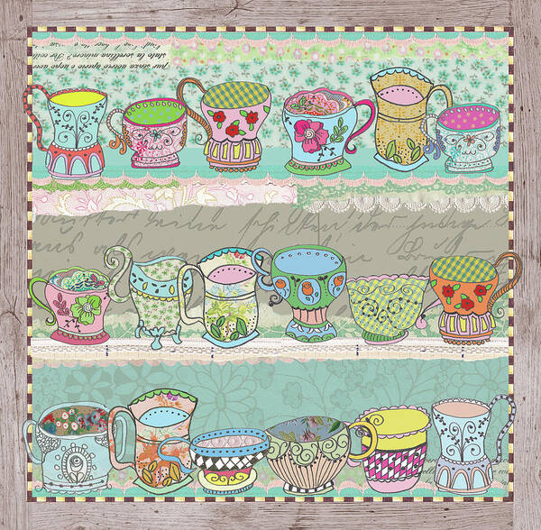 Garden Party Tea Cups Shelf Art Print featuring the digital art Garden Party Tea Cups Shelf by Gal Designs