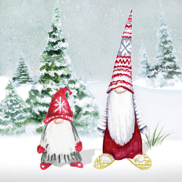Gnome Art Print featuring the mixed media Gnomes On Winter Holiday II by Janice Gaynor