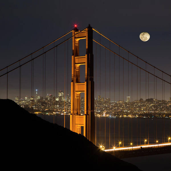 Golden Gate And Moon Bw
San Francisco Art Print featuring the photograph Golden Gate And Moon by Moises Levy