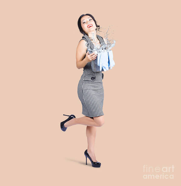 Cleaning Lady Art Print featuring the photograph Happy cleaning woman kicking up dirt and grime by Jorgo Photography