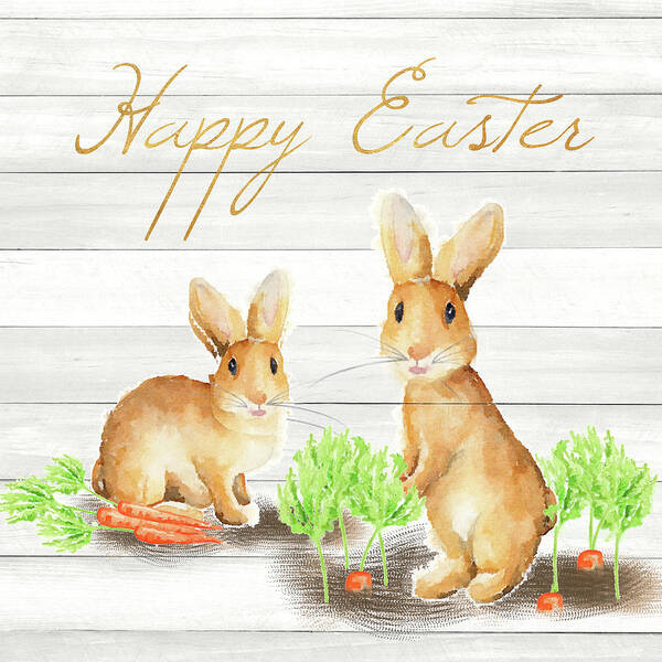 Happy Art Print featuring the mixed media Happy Easter Bunnies by Andi Metz