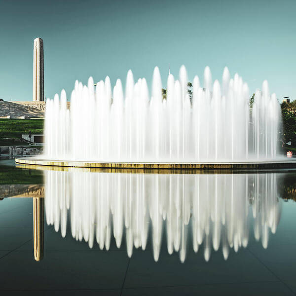 America Art Print featuring the photograph Henry Wollman Bloch Fountain and Liberty Memorial - Square by Gregory Ballos