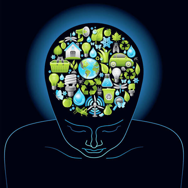 Expertise Art Print featuring the digital art Human Head With Ecological Symbols In by O-che