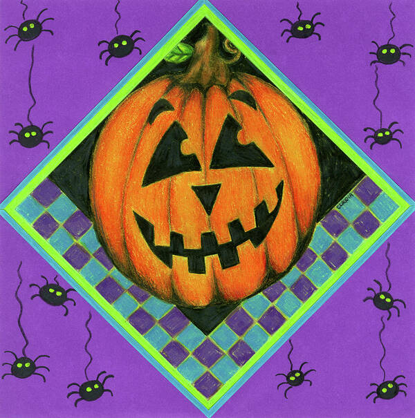 Jack O Lantern With Purple Spiders Art Print featuring the painting Jack O Lantern With Purple Spiders by Claudia Interrante