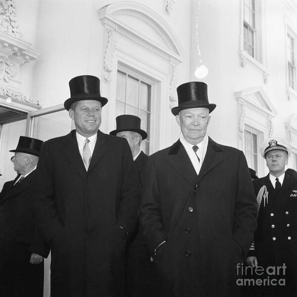 People Art Print featuring the photograph Kennedy And Eisenhower Wearing High Hats by Bettmann