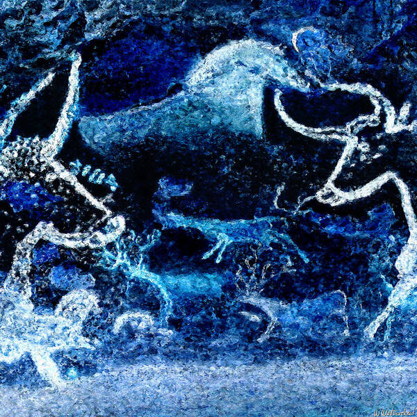 Lascaux Art Print featuring the digital art Lascaux Hall of the Bulls - Deer between Aurochs - Negative by Weston Westmoreland