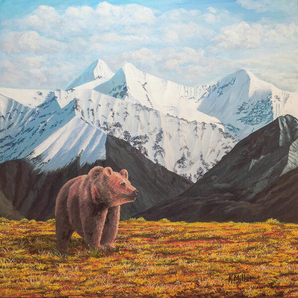 Denali National Park Art Print featuring the painting Last Frontier - Grizzly Bear and Danali Mountains by Kathie Miller