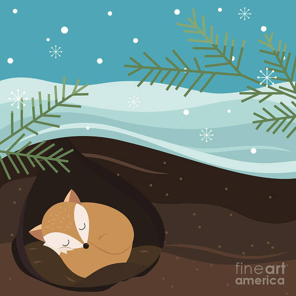Cozy Art Print featuring the digital art Let It Snow Fox Sleeping In A Hole by Teamarwen