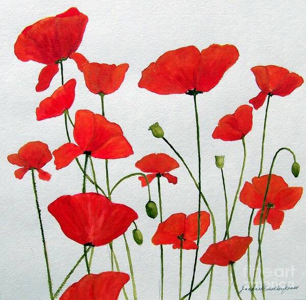 Red Art Print featuring the painting Litter of Poppies by Jackie Mueller-Jones