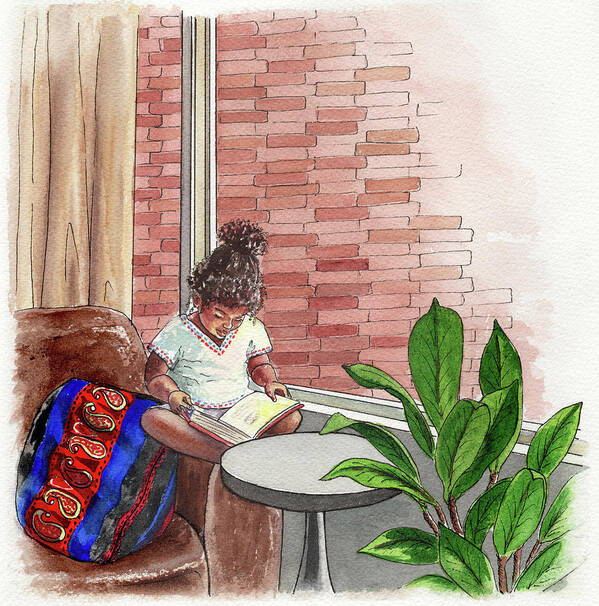 Girl Art Print featuring the painting Little Ethiopian Girl Reads A Book Watercolor by Irina Sztukowski