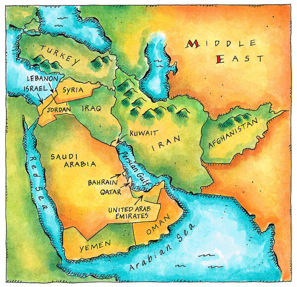 Watercolor Painting Art Print featuring the digital art Map Of The Middle East by Jennifer Thermes
