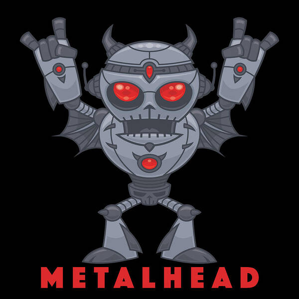 Robot Art Print featuring the digital art Metalhead - Heavy Metal Robot Devil - With Text by John Schwegel