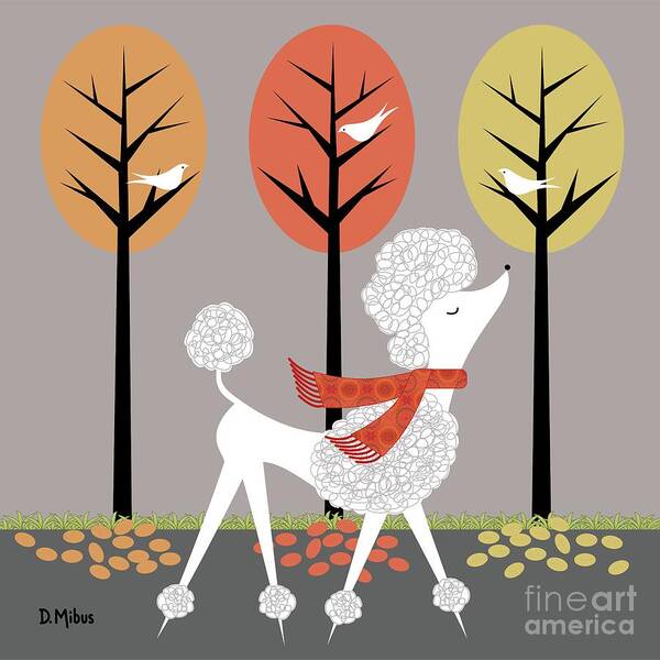 Spoo Art Print featuring the digital art Mid Century White Poodle Fall by Donna Mibus