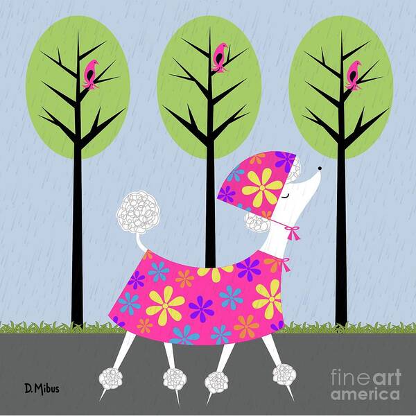 Mid Century Modern Art Print featuring the digital art Mid Century White Poodle Spring by Donna Mibus