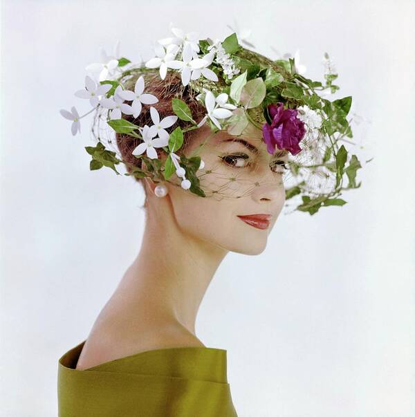 #new2022vogue Art Print featuring the photograph Model In A Veiled Hat With Flowers by Leombruno-Bodi