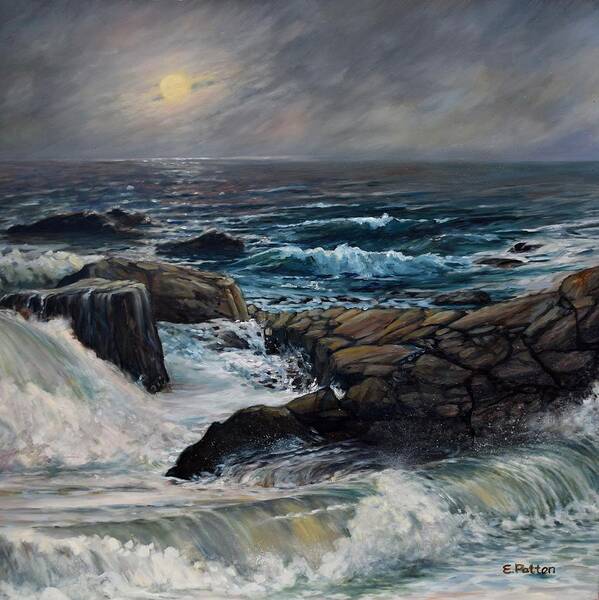 Ocean Art Print featuring the painting Moonlight At The Shore by Eileen Patten Oliver