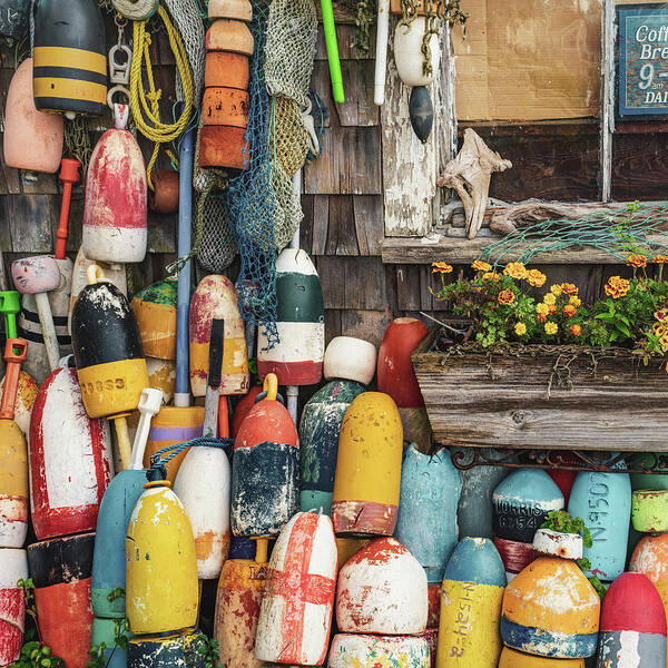 Lobster Buoy Art Art Print featuring the photograph New England Lobster Buoys and Fishing Shack 1x1 by Gregory Ballos