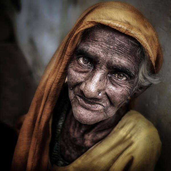 Woman Art Print featuring the photograph Old Woman Portrait, Varanasi. by Massimo Cuomo