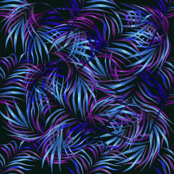 Palm Art Print featuring the mixed media Palm Leaf Pattern 4 - Tropical Leaf Pattern - Blue, Purple, Violet - Tropical, Botanical Design by Studio Grafiikka