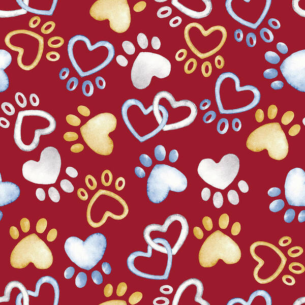 Paws Art Print featuring the mixed media Paws And Hearts Pattern Square On Red by Andi Metz