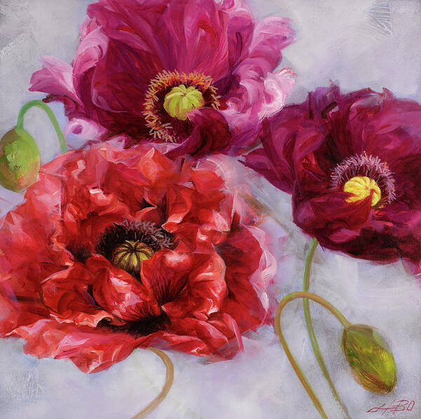 Poppies And Peonies Art Print featuring the painting Purple Poppies II by Li Bo