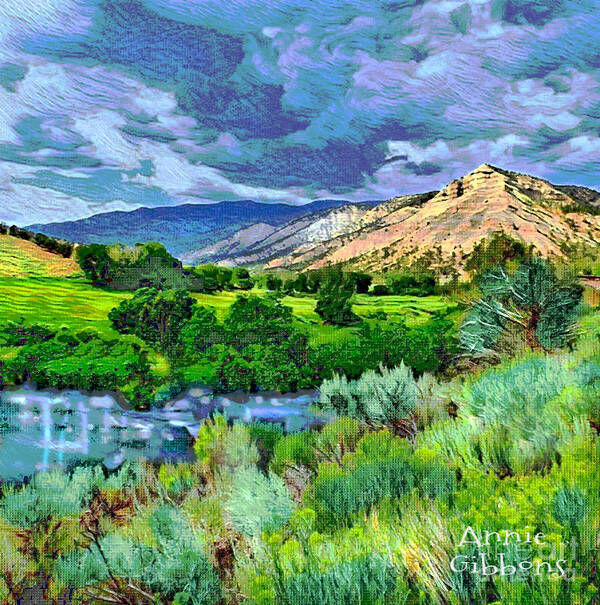 Rain Clouds Hover Over An Idyllic Valley Colorado Grey Blues Greens Teals Tan Pink And Purple Art Print featuring the digital art Rain Clouds on the way to Sweetwater by Annie Gibbons