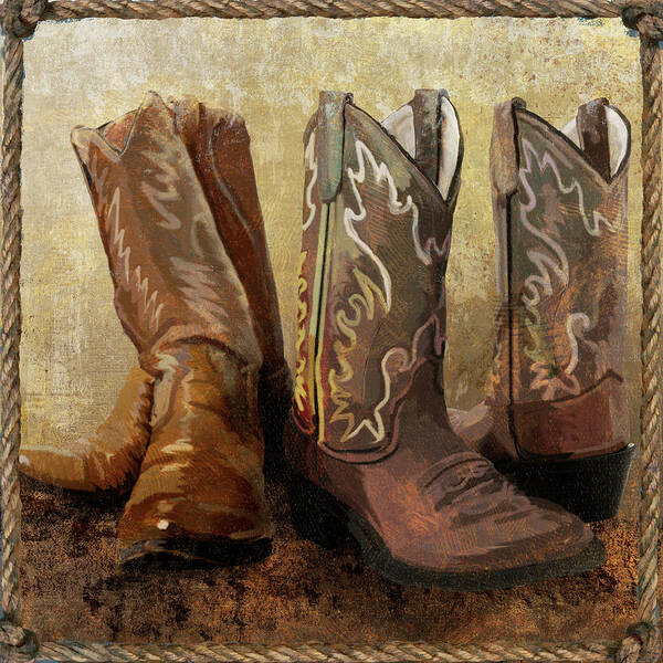 Cowboy Boots Art Print featuring the mixed media Roped In Boots by Art Licensing Studio