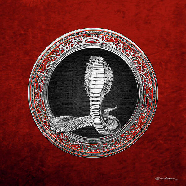 'beasts Creatures And Critters' Collection By Serge Averbukh Art Print featuring the digital art Sacred Silver King Cobra on Red Canvas by Serge Averbukh