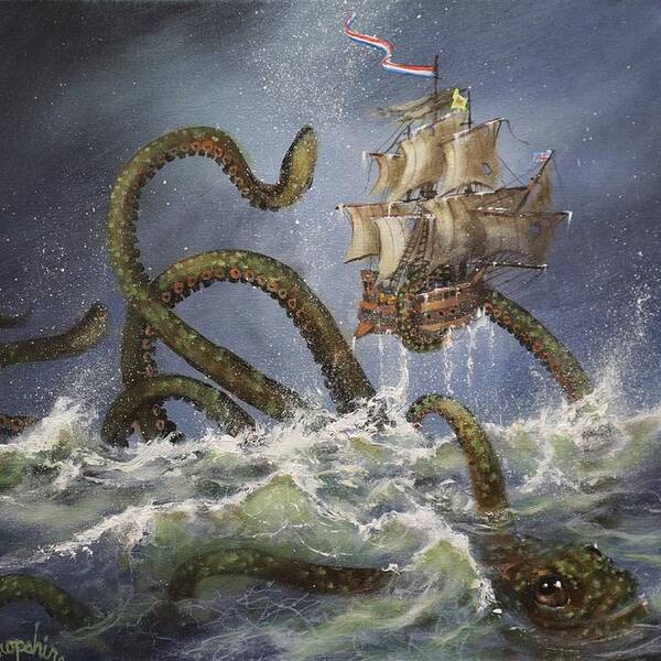 Kraken Art Print featuring the painting Sea Monster by Tom Shropshire