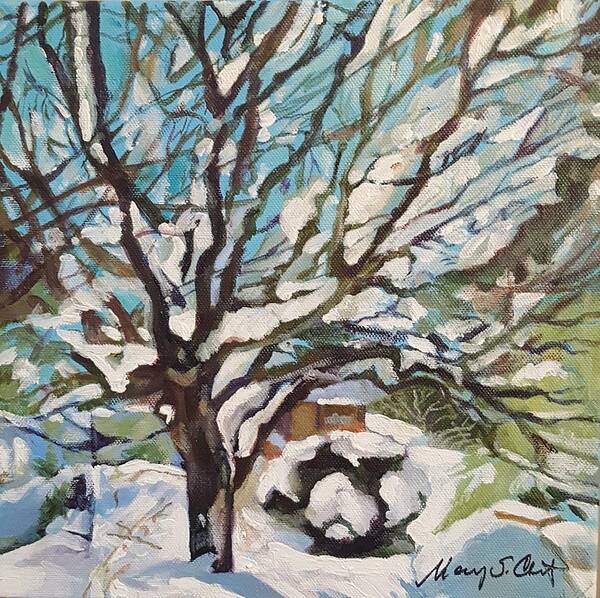 Cherry Tree Art Print featuring the painting Snow Covered Cherry Tree by Mary Chant