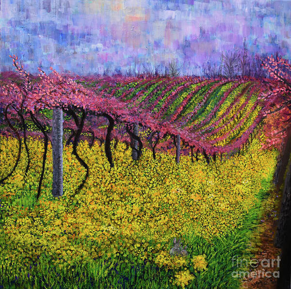 Landscape Art Print featuring the painting Spring Vineyard by Anne Cameron Cutri