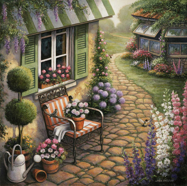 Cobblestone Path Leading Past Flowers To A Shuttered Cottage Art Print featuring the painting Stone Walkway by John Zaccheo