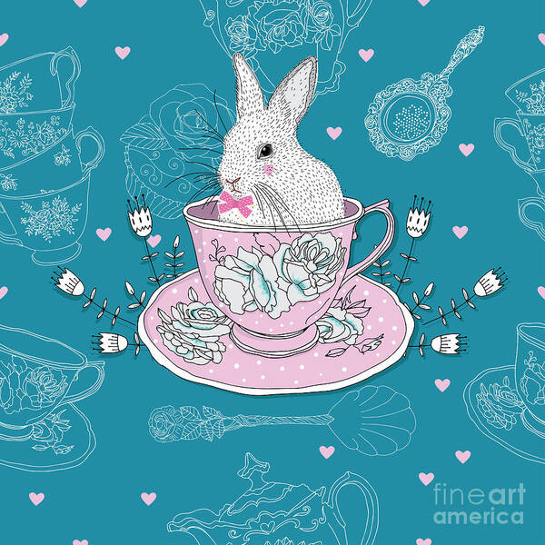 Symbol Art Print featuring the digital art Tea Cups Teapot Teaspoons rabbit by Hrvojka
