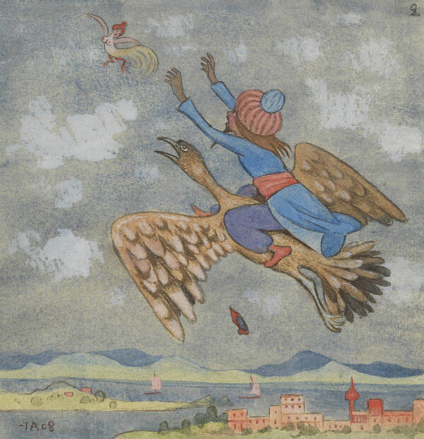 19th Century Art Art Print featuring the drawing The Wizard and the Female Bird by Ivar Arosenius