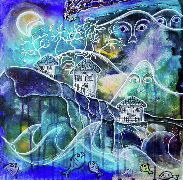 House Art Print featuring the mixed media Three Houses on a Cliff by Mimulux Patricia No
