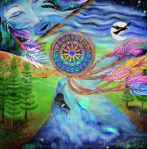 Tribal Dream Catcher Wolf Art Print featuring the painting Tribal Dream Catcher Wolf by Stephanie Analah