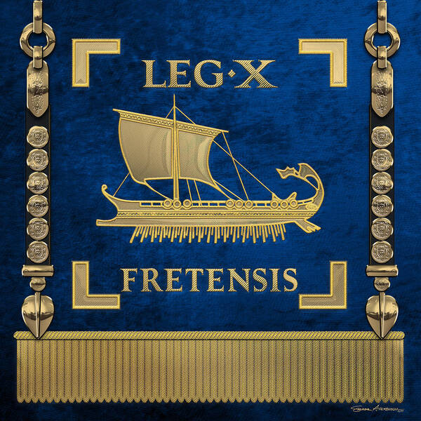 ‘rome’ Collection By Serge Averbukh Art Print featuring the digital art Trireme Standard of the 10th Legion of the Strait - Blue Vexilloid of Legio X Fretensis by Serge Averbukh