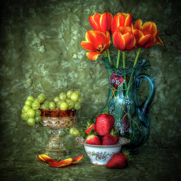 Square Art Print featuring the photograph Tulips and Fruit by Harriet Feagin