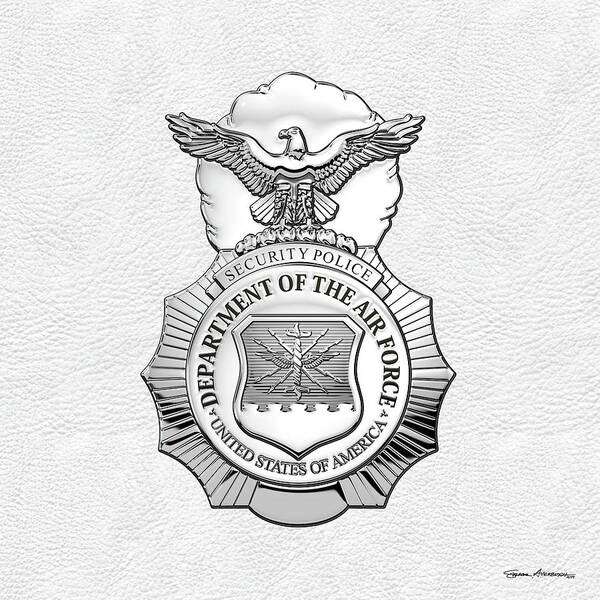 'military Insignia & Heraldry' Collection By Serge Averbukh Art Print featuring the digital art U. S. Air Force Security Forces - S E C F O R Badge over White Leather by Serge Averbukh