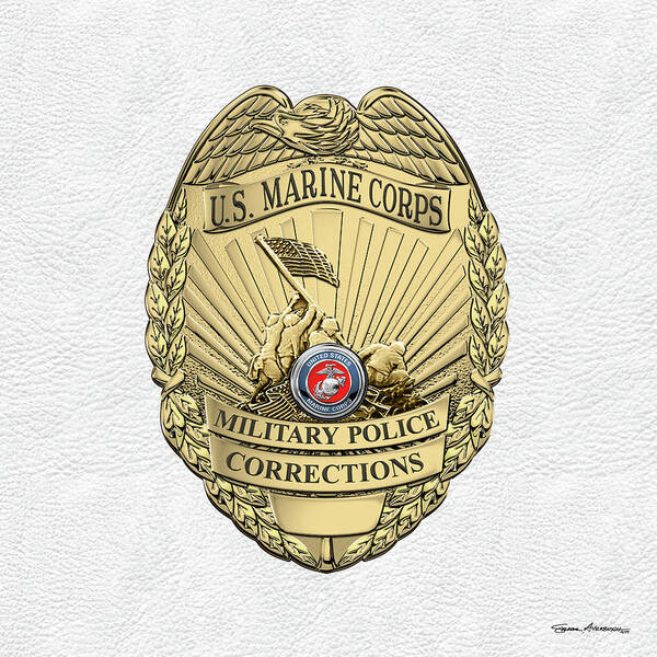 'military Insignia & Heraldry' Collection By Serge Averbukh Art Print featuring the digital art U. S. Marine Corps Military Police - U S M C M P Corrections Badge over White Leather by Serge Averbukh