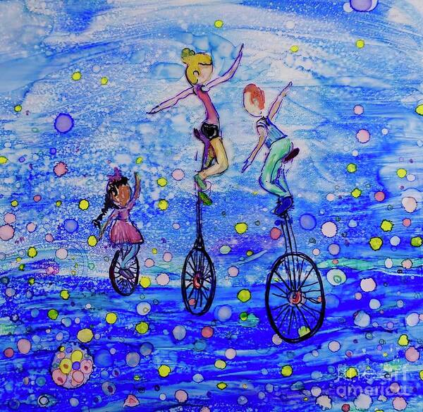 Children In Art Art Print featuring the painting Unicycle Club by Patty Donoghue