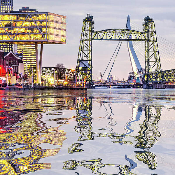 Architecture Art Print featuring the digital art Water Reflection Rotterdam Bridges by Frans Blok