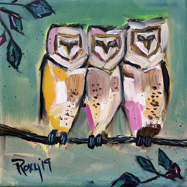 Owls Art Print featuring the painting White Owls by Roxy Rich