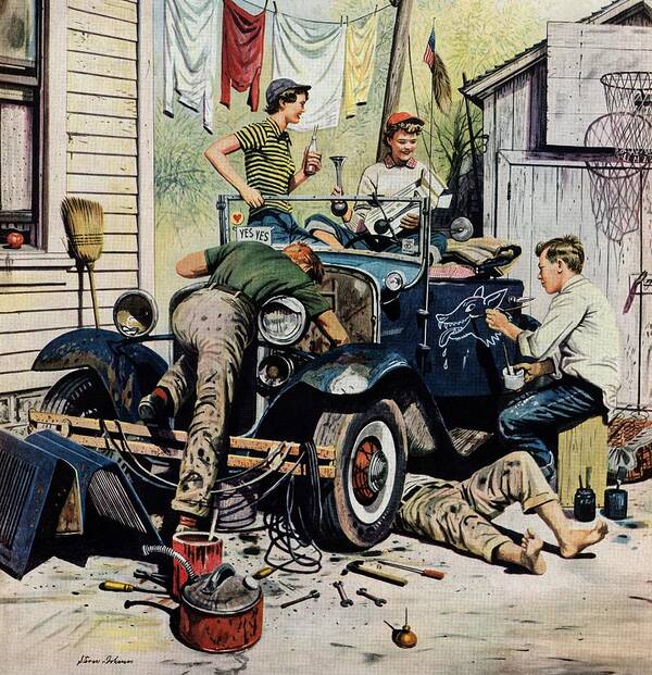 Automobiles Art Print featuring the drawing Working On The Jalopy by Stevan Dohanos