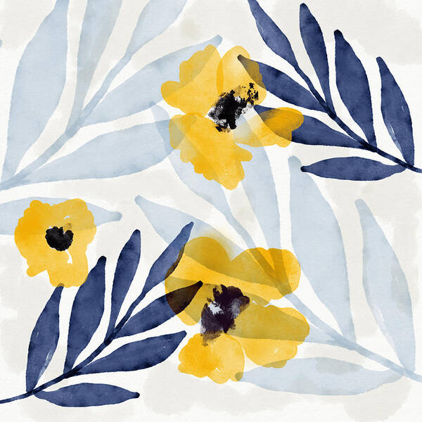 Flowers Art Print featuring the mixed media Yellow and Navy 2- Floral Art by Linda Woods by Linda Woods