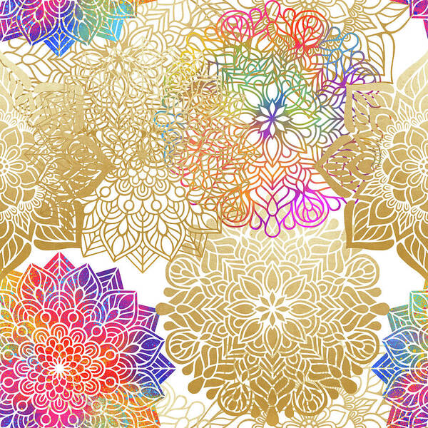 Mandala Art Print featuring the digital art Colorful Gold Mandala Pattern by Sambel Pedes